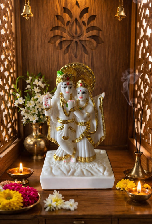 Premium Marble Radha Krishna Murti – White & Gold Finish