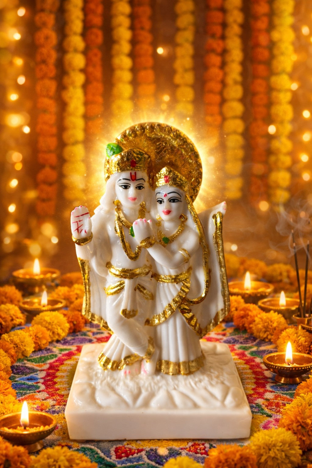 Premium Marble Radha Krishna Murti – White & Gold Finish