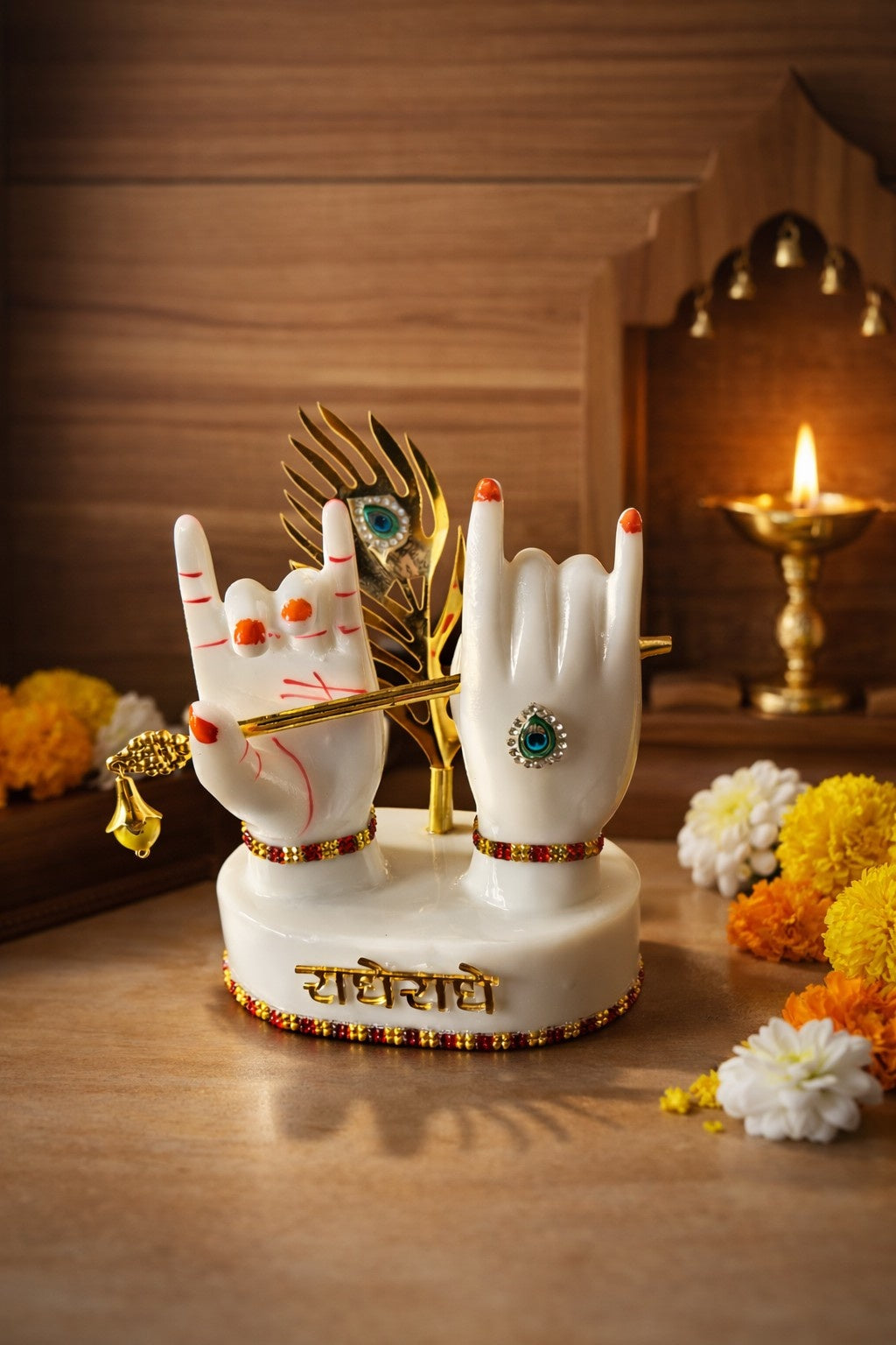 Radha Krishna Marble Hand Murti with Flute & Peacock Feather