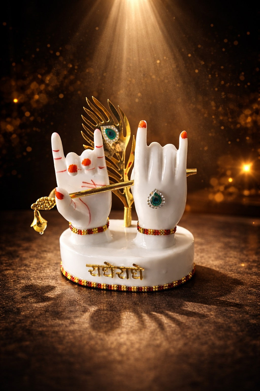 Radha Krishna Marble Hand Murti with Flute & Peacock Feather