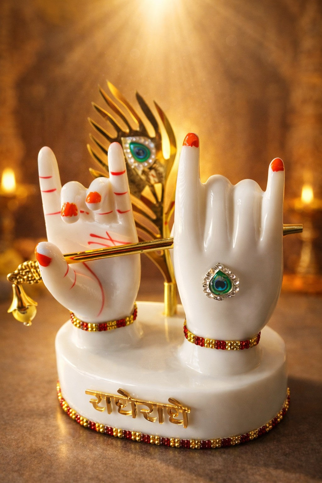 Radha Krishna Marble Hand Murti with Flute & Peacock Feather