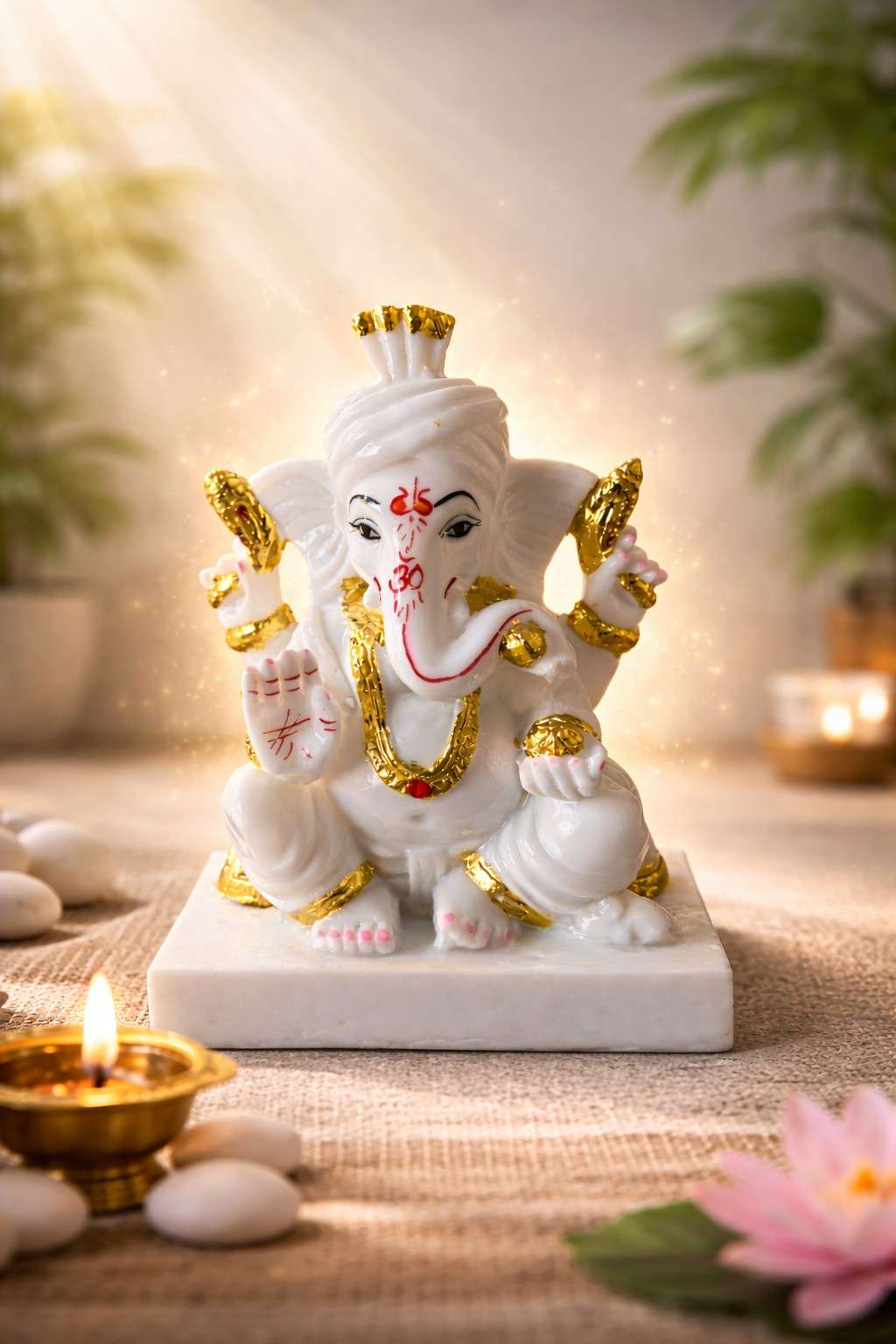 Premium White Marble Lord Ganesha Murti with Gold Detailing