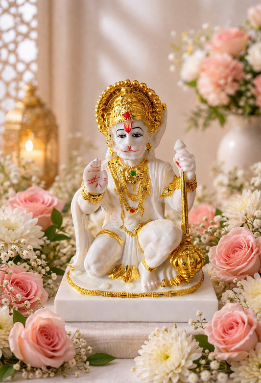 Divine White Marble Hanuman Ji Murti with Golden Finish