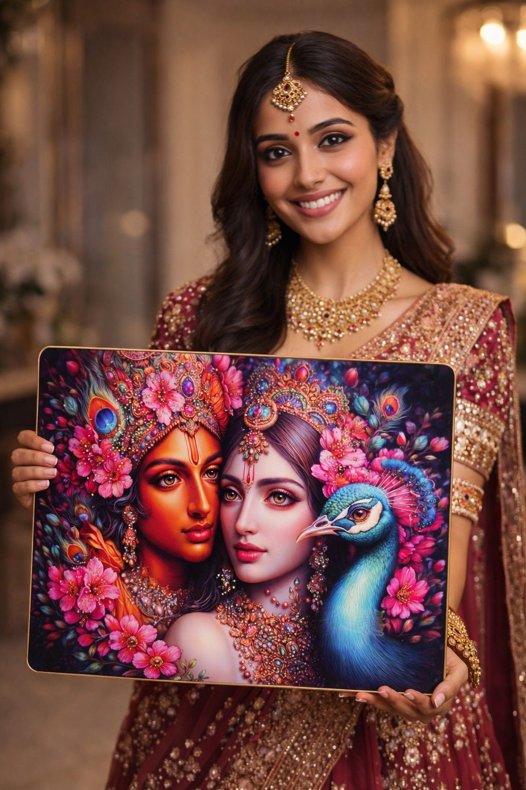 Premium Radha Krishna Crystal Painting with Peacock