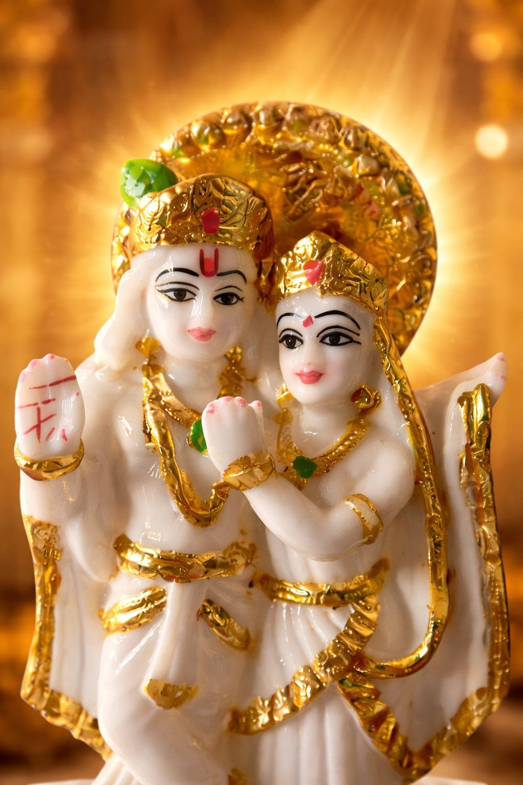 Premium Marble Radha Krishna Murti – White & Gold Finish